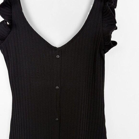 ZARA Button Front Ribbed Bodycon Midi Dress Frill Sleeve Black Size Small - Picture 3 of 5